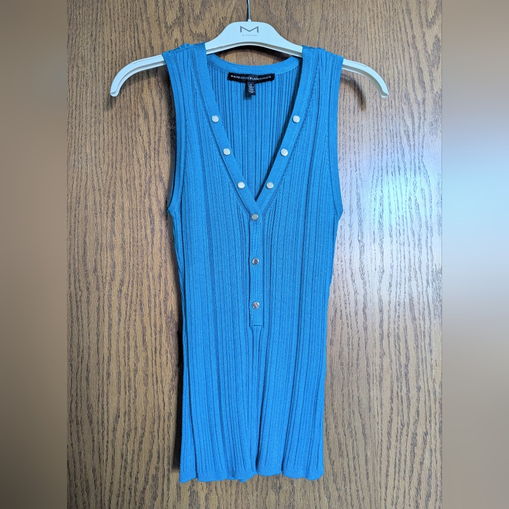 White House Black Market Blue Ribbed Button/Studded Tank Top - Picture 2 of 4